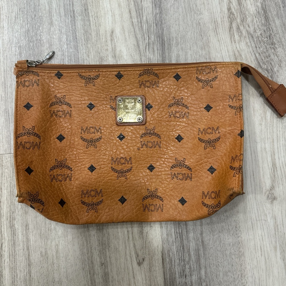 MCM Tan Toiletry Bag with Logo Pattern